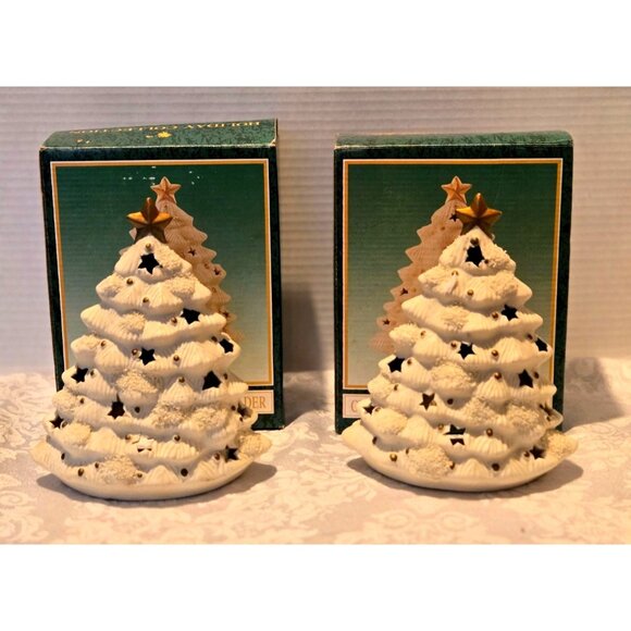 Ceramic Christmas Tree Votive Holder Vintage 1980s In Original Box Set of 2 - Picture 2 of 7